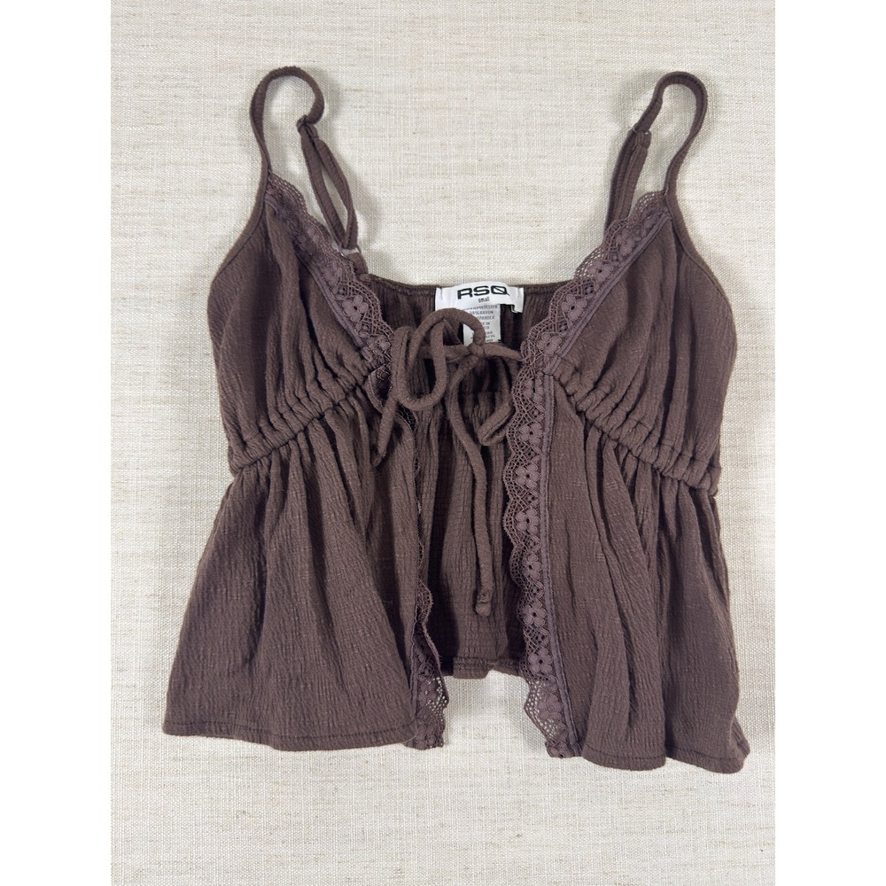 RSQ Brown Lace Trim Tie Front Cami Top Sleeveless Textured Boho Small